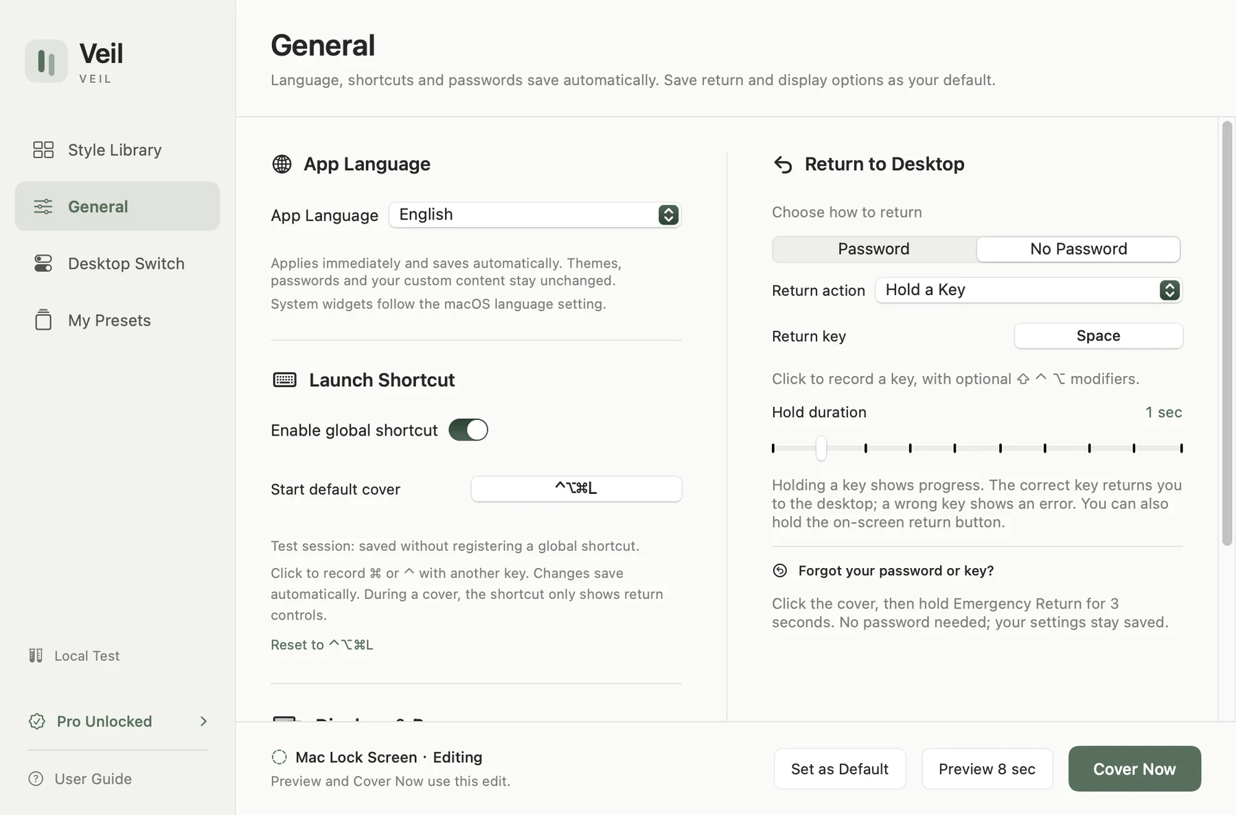 Actual Veil General Settings showing language, shortcut, and return methods
